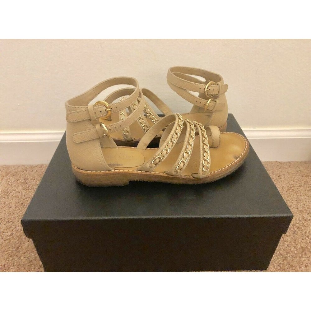 Chanel Beige Caviar Leather Sandals with Chains 37